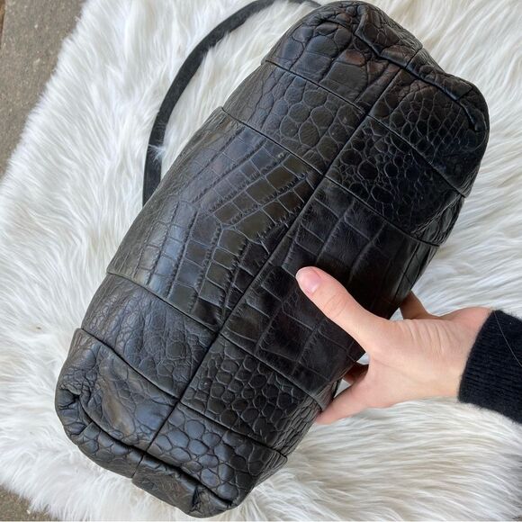 MICHAEL KORS Black Croc Embossed Chain Tote Shoulder Bag Bedford Selma Raven - Picture 9 of 11